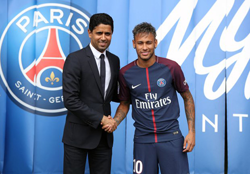 Neymar is unveiled alongside Paris Saint Germain president Nasser Al-Khelaifi during a press conference at the Parc des Princes, following his world record breaking £200million transfer from FC Barcelona to Paris Saint Germain. PRESS ASSOCIATION Photo. Picture date: Friday August 4, 2017. Photo credit should read: Jonathan Brady/PA Wire. RESTRICTIONS: EDITORIAL USE ONLY